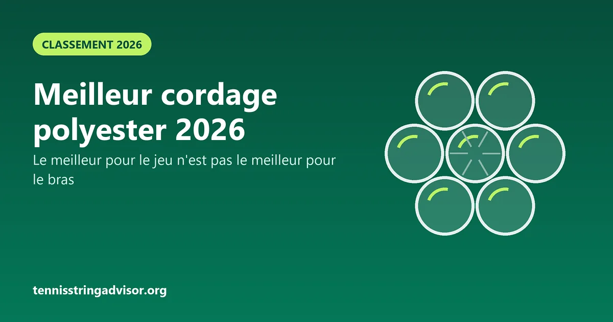 Illustration : coupe schématique d'un faisceau de cordages monofilaments, titre « Meilleur cordage polyester 2026 »