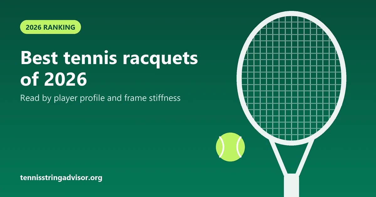 Illustration: outline of a strung tennis racquet and a ball, title “Best tennis racquets of 2026”