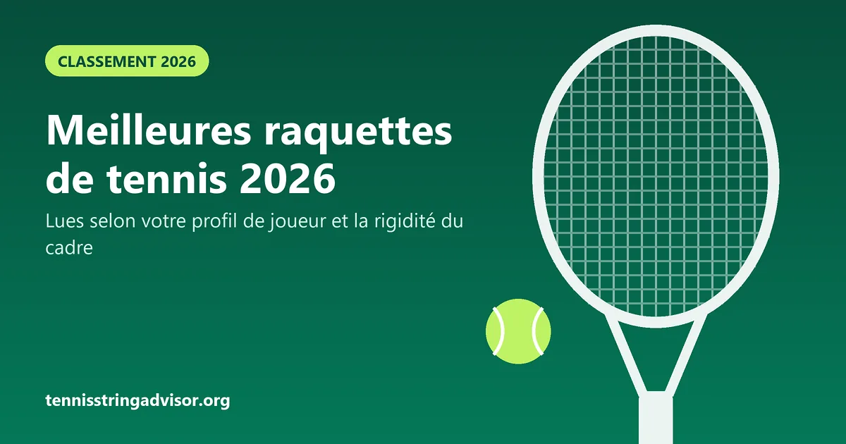 Illustration : silhouette de raquette de tennis cordée et balle, titre « Meilleures raquettes de tennis 2026 »