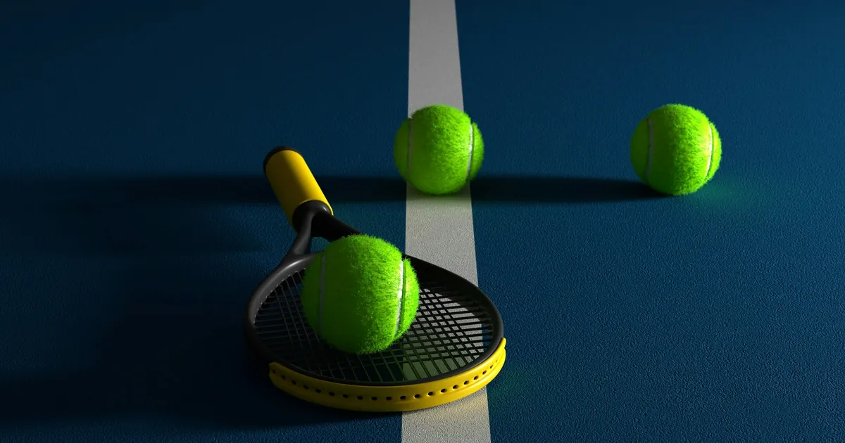 Image de synthèse : raquette et balles de tennis sur un court bleu