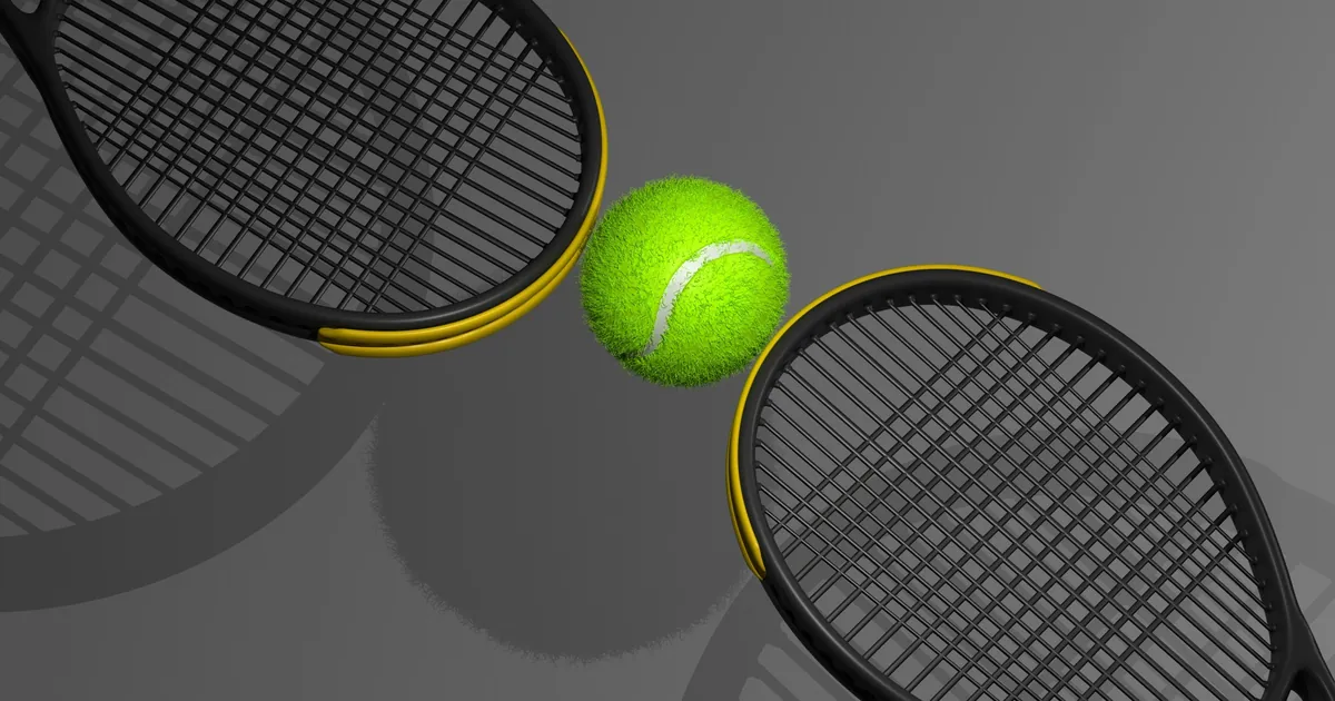 Image de synthèse : deux raquettes de tennis noires et une balle