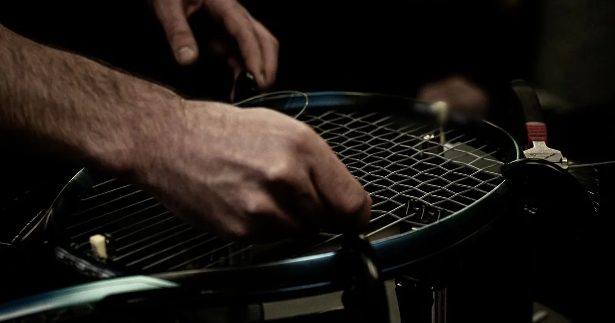 Mains d'un cordeur tendant les cordes d'une raquette de tennis sur une machine à corder